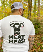 White Crewneck Meat Head T-Shirt, Classic Logo Design